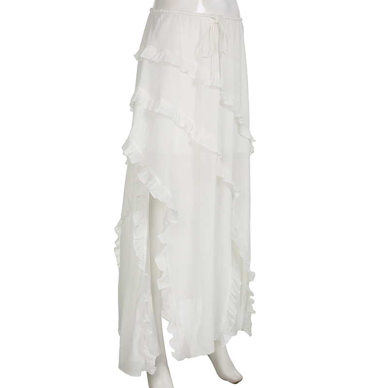 Ootddress White Ruffled Patchwork Long Skirt See-Through For Women Split Summer Beach Holiday Maxi Skirt Women's Fashion Y2k Skirt