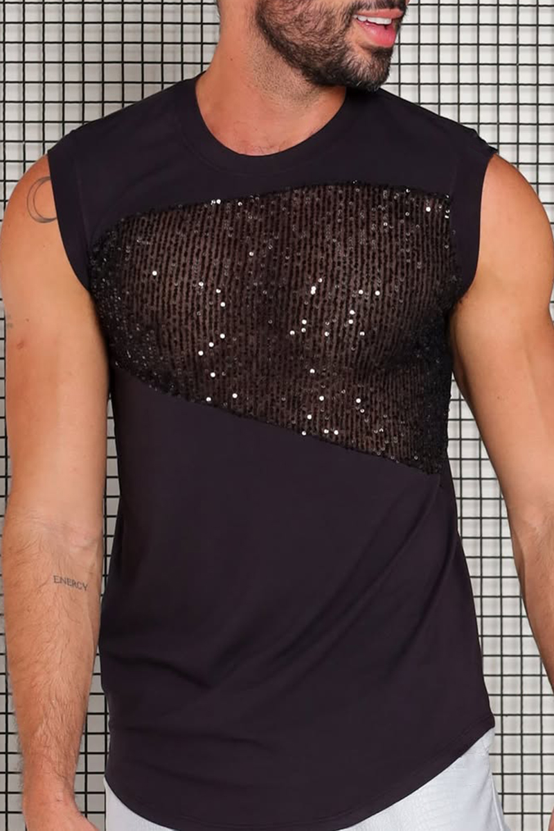 Men's Sequin Mesh See Through Patchwork Slim Fit Tank Top