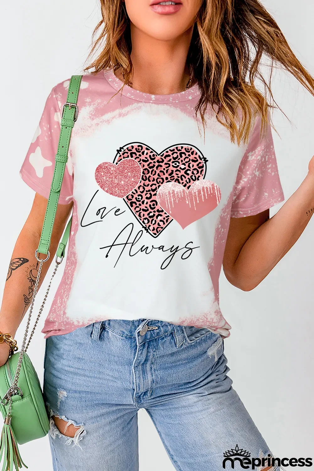 Pink Love Always Heart Leopard Bleached Print Graphic T Shirt