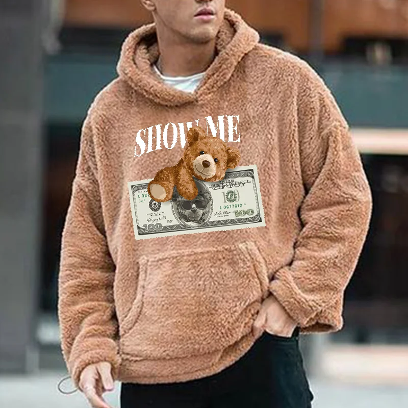 Men's Bear Graphic Plush Warm Hooded Sweatshirt、、URBENIE