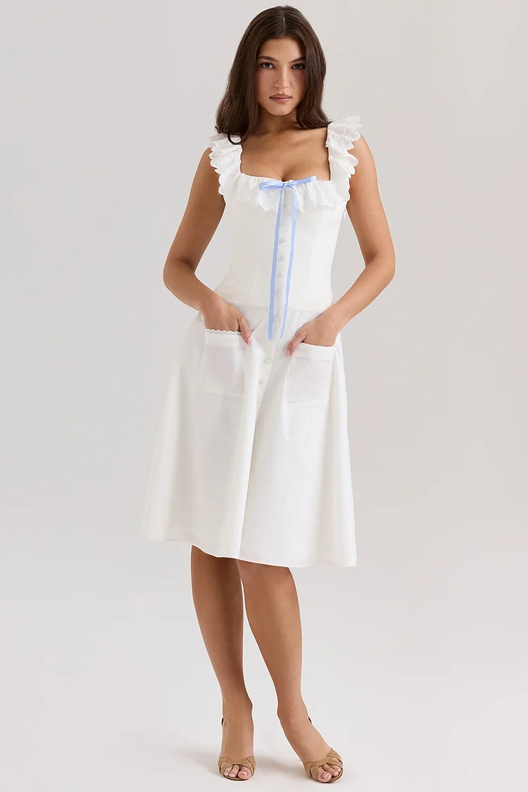 Broderie Anglaise Trim Square Neck Sleeveless Midi Dresses-White [Pre Order]