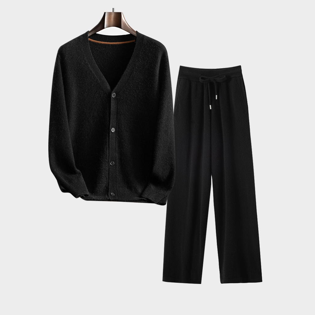 Men's Black Cardigan Cashmere Sweater and Pants Set | Casual Outfit REAL SILK LIFE