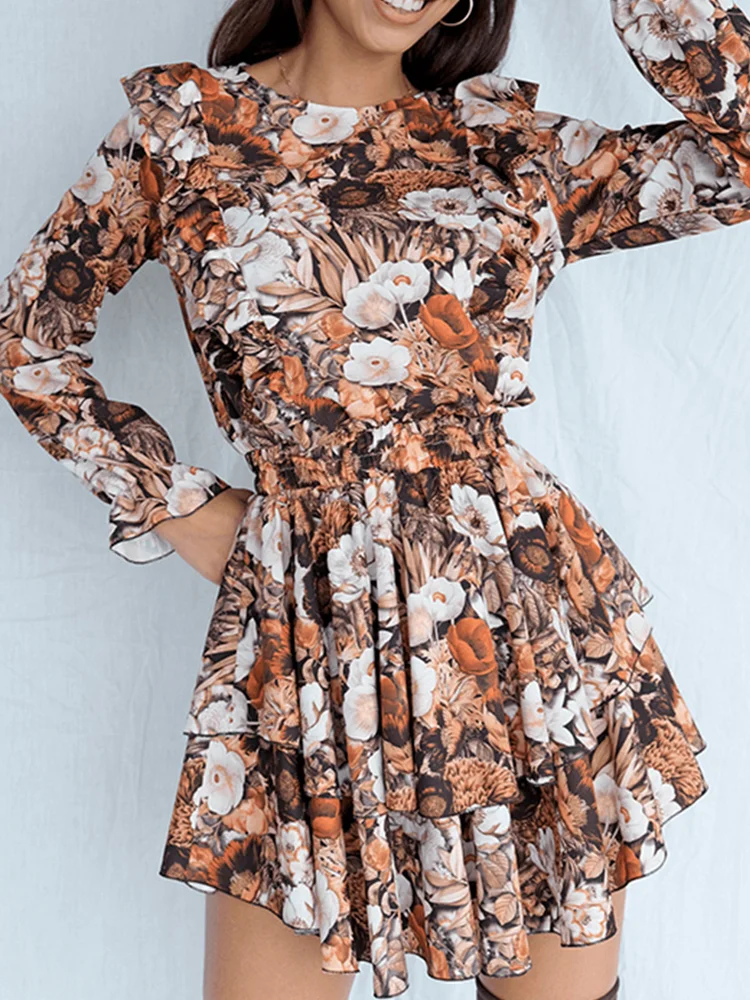 Women's Tiered Ruffle Floral Print Boho Long Sleeve A-Line Holiday Party Mini Dress
