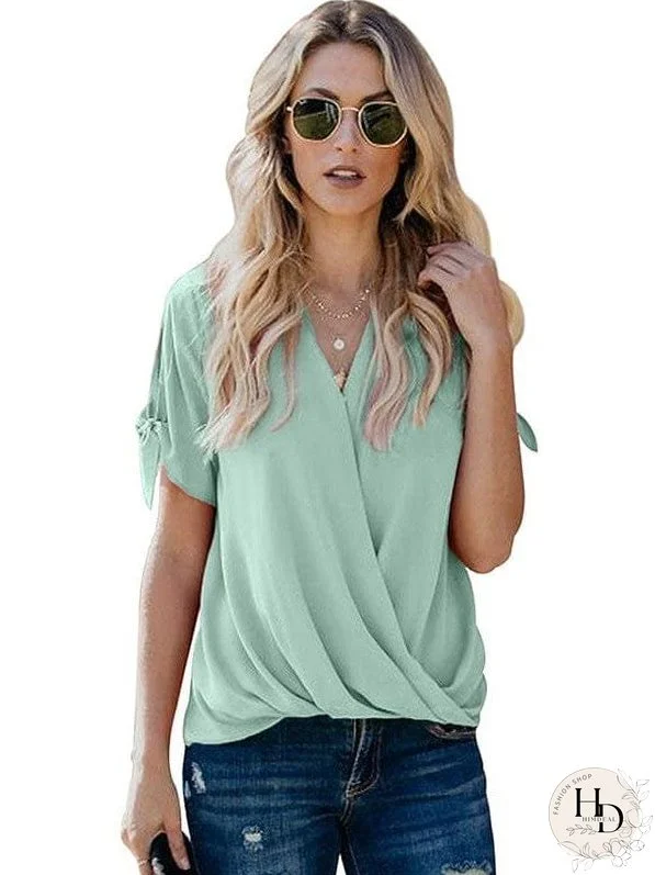 Women's Short Sleeve Knotted Cuff Blouse