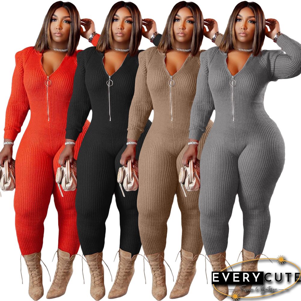 Knitted Long Sleeve Shoulder Padded Hooded Jumpsuit