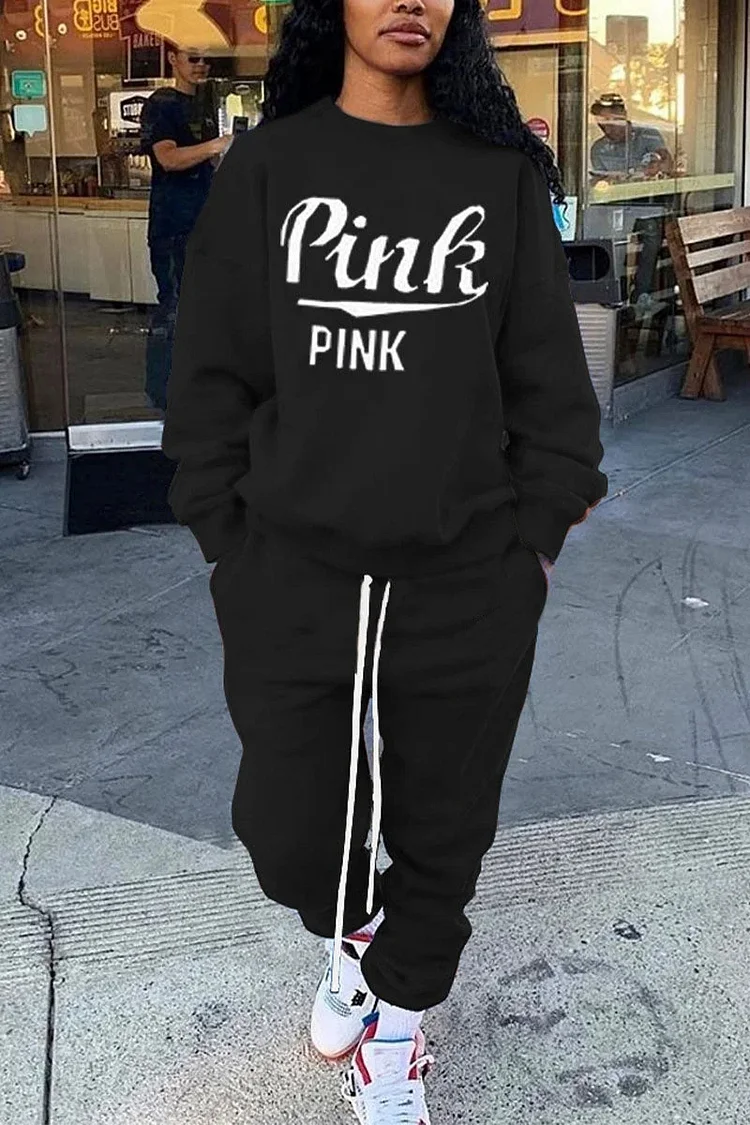 Xpluswear Plus Size Casual Black Letter Print O Neck Long Sleeve Two Pieces Sweatshirts Set