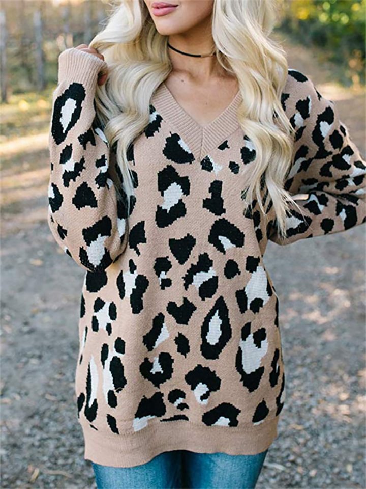 Fashion Leopard Jacquard V-neck Sweater | EGEMISS
