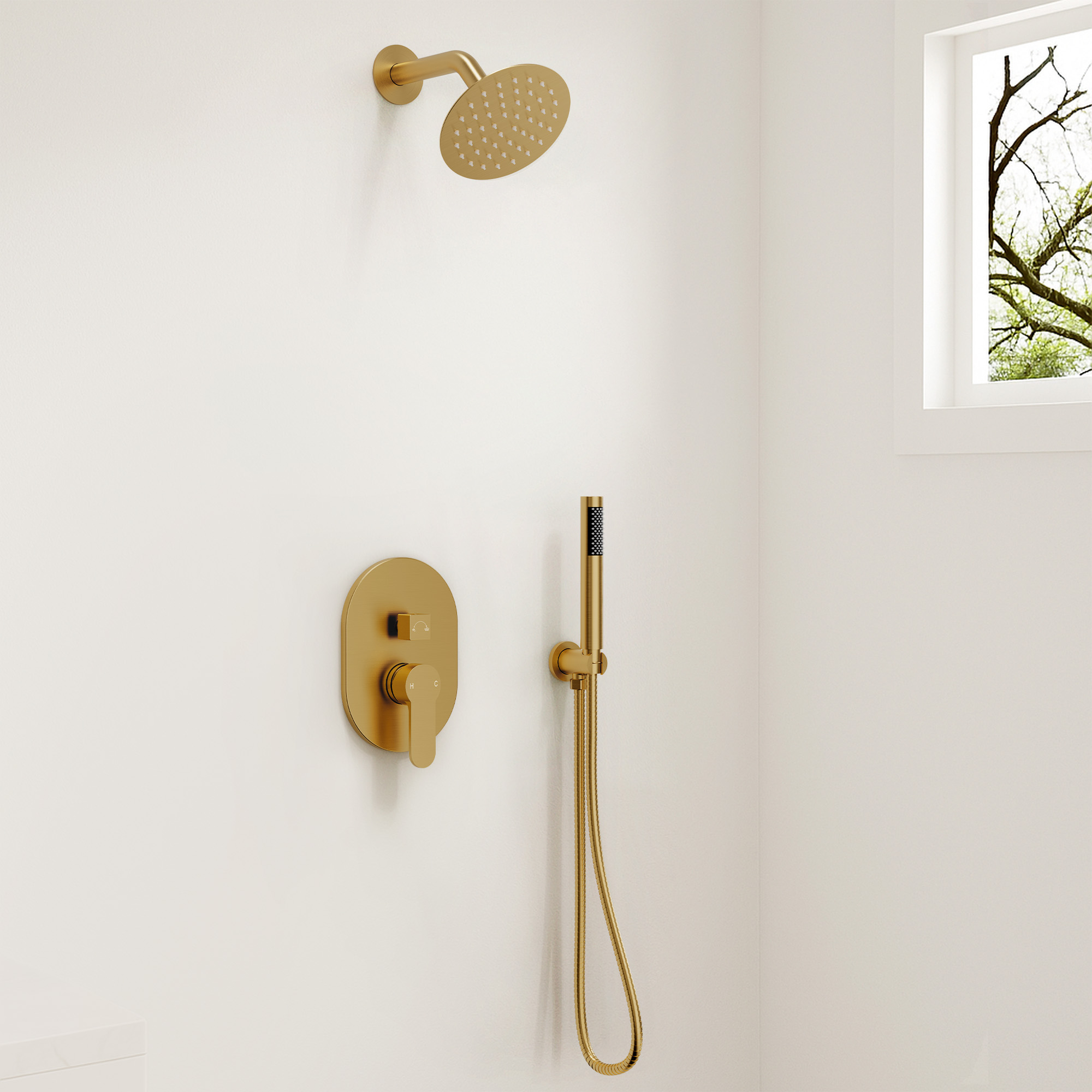 2-Spray Round Single-Handle Rain 6 in. Dual Shower Head Fixed and Handheld Shower in Brushed Gold