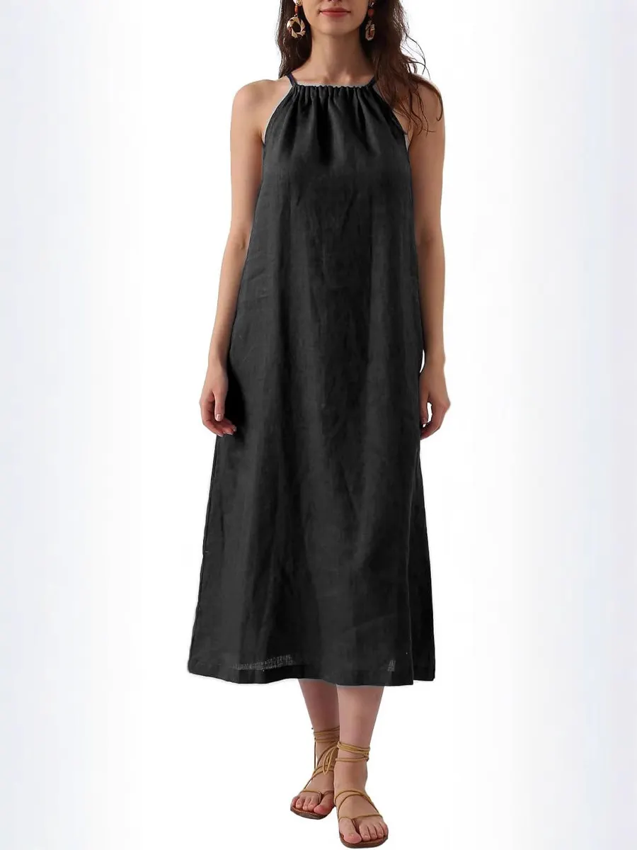 Women's Linen Blend Halter Neck Maxi Dress