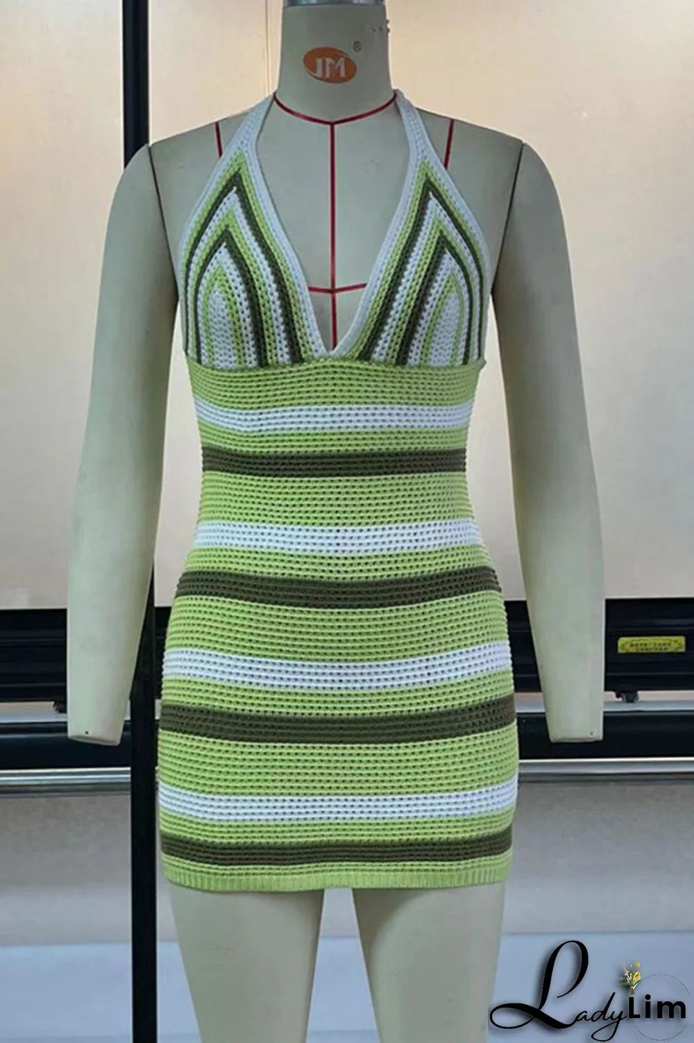 Green Sexy Print Split Joint Backless Halter Pencil Skirt Dresses