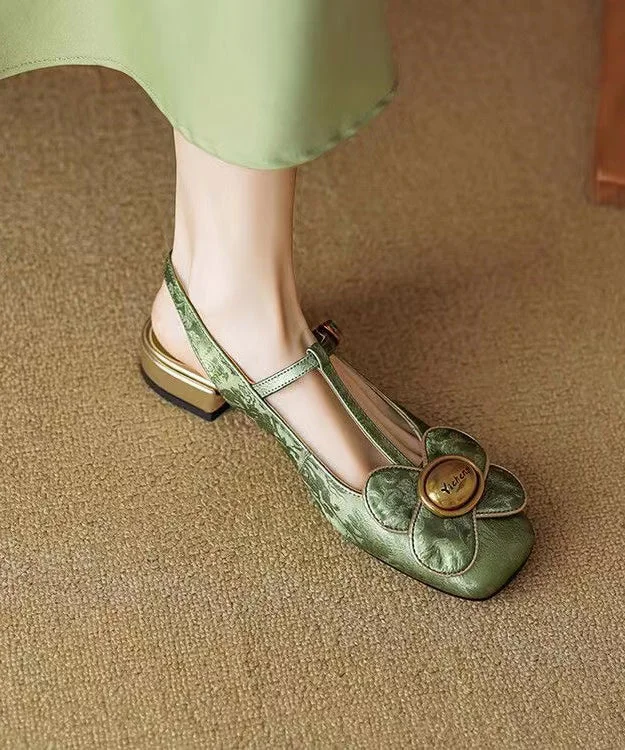 New Chinese Style Green Flower Buckle Strap Flat Shoes