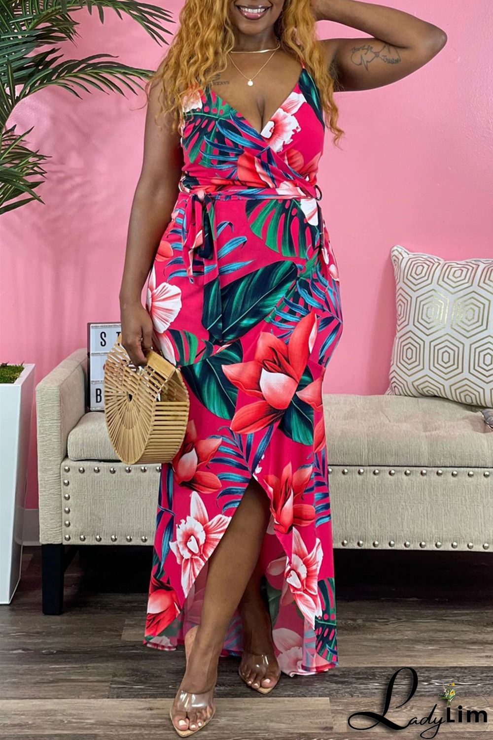 Green Sexy Casual Print Bandage Backless V Neck Sling Dress