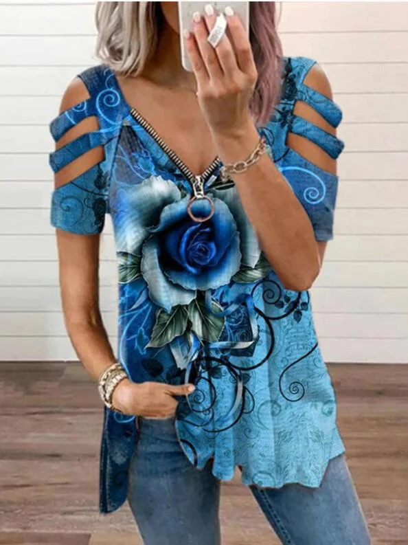 Women Short Sleeve V-neck Printed Hollow Loose Top