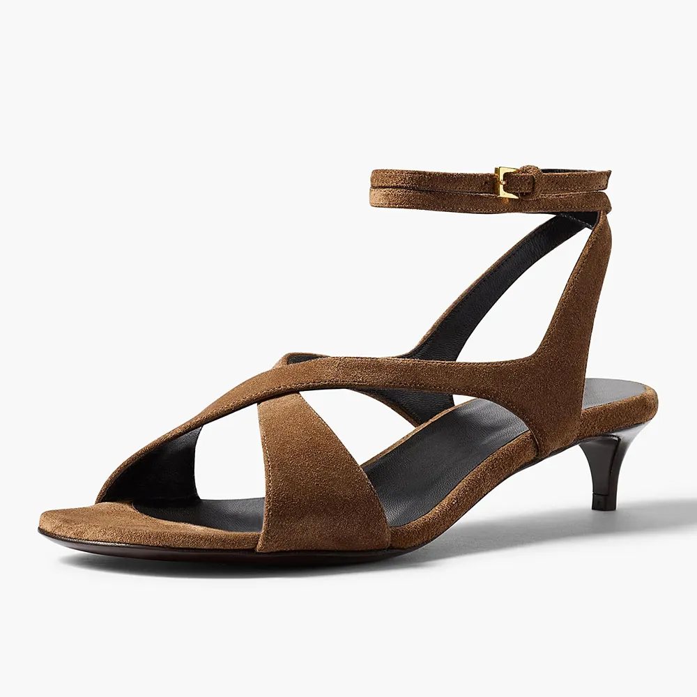Tan Vegan Suede Cross-Strap Kitten Heel Summer Sandals with Buckle Nicepairs