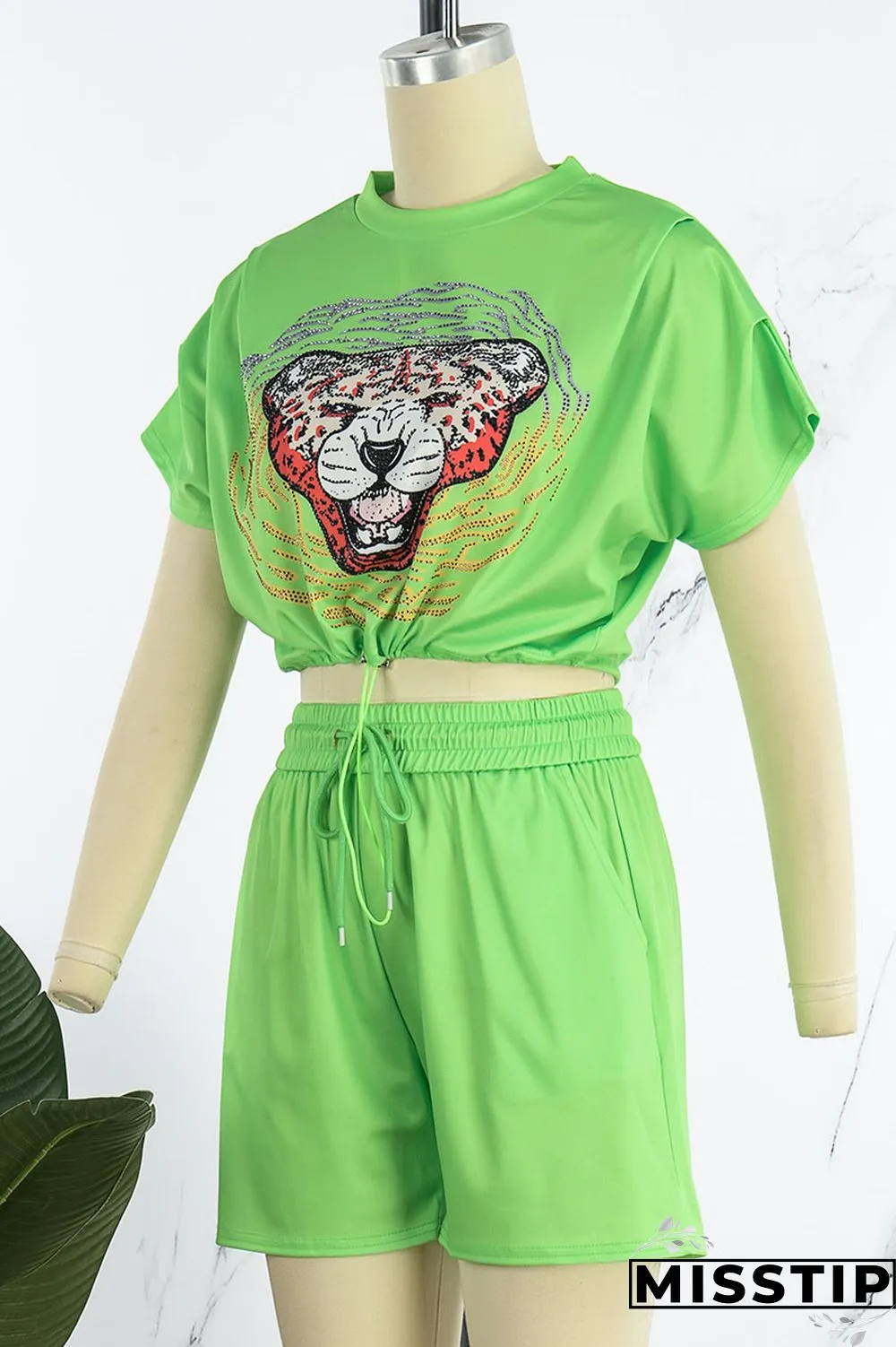 Green Casual Print Patchwork Draw String O Neck Short Sleeve Two Pieces