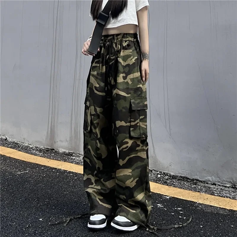 Cyber Monday Sales Vintage Camouflage Women Cargo Pants Summer Loose High Waist Harajuku Wide Leg Pants Fashion Korean Streetwear Straight Trousers