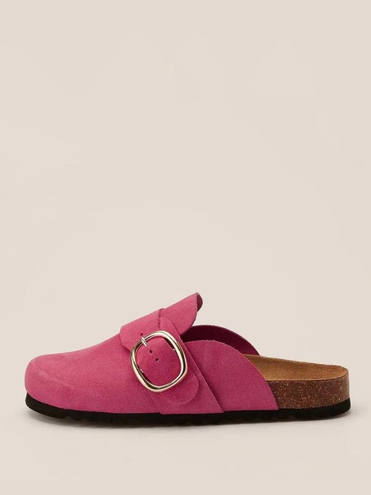 Fashion Cute Pink Round-Toe Suede Buckle Slipper Flat Mules