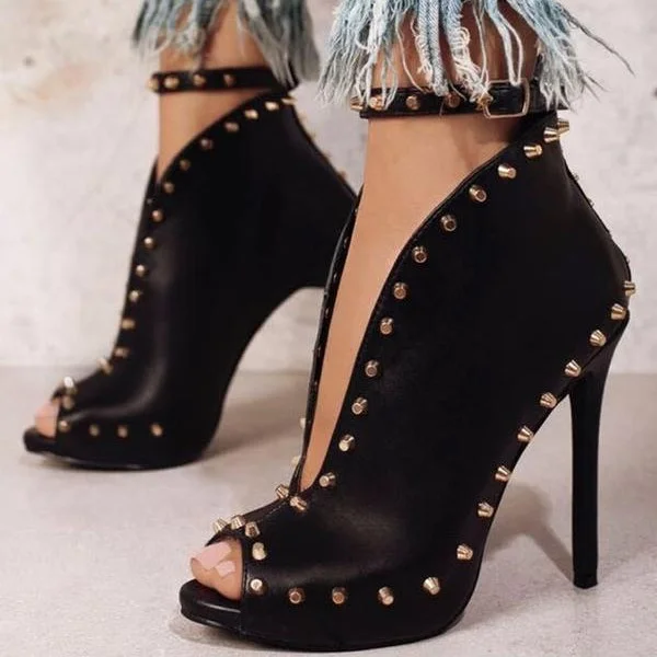 Black Stiletto Heel Summer Boots Peep Toe Ankle Boots with Studs |FSJ Shoes