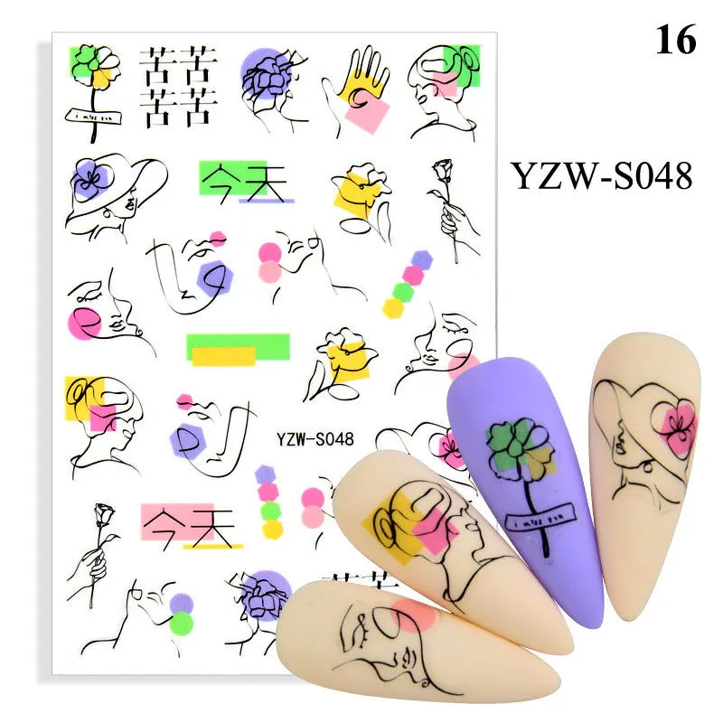 1 Sheet Human Face Nail Stickers And Decals 2021 Nail Art Decorations Set Geometric Pattern Dried Flowers Sliders For Nails Art-Nail Inspo