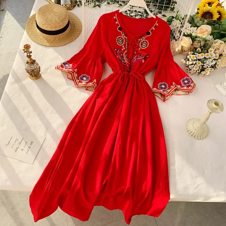 Vintage Dress, Luditu Midi Dress, Dress, Gown, Embroidered Dress Hope in Blue, Red, White and Yellow