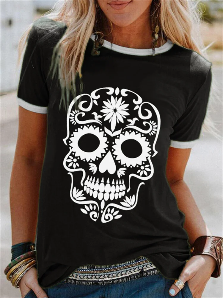 Vefave Day Of The Dead Sugar Skull Contrast Color T Shirt