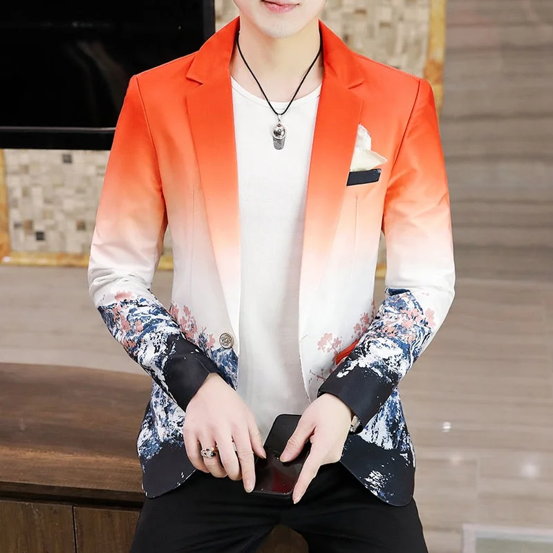 Woherb Men's Summer Blazer Fashion Korean Clothing Gradient Inspired Prints Fancy Floral Suit Jacket Casual Slim Fit Blazzer Coat