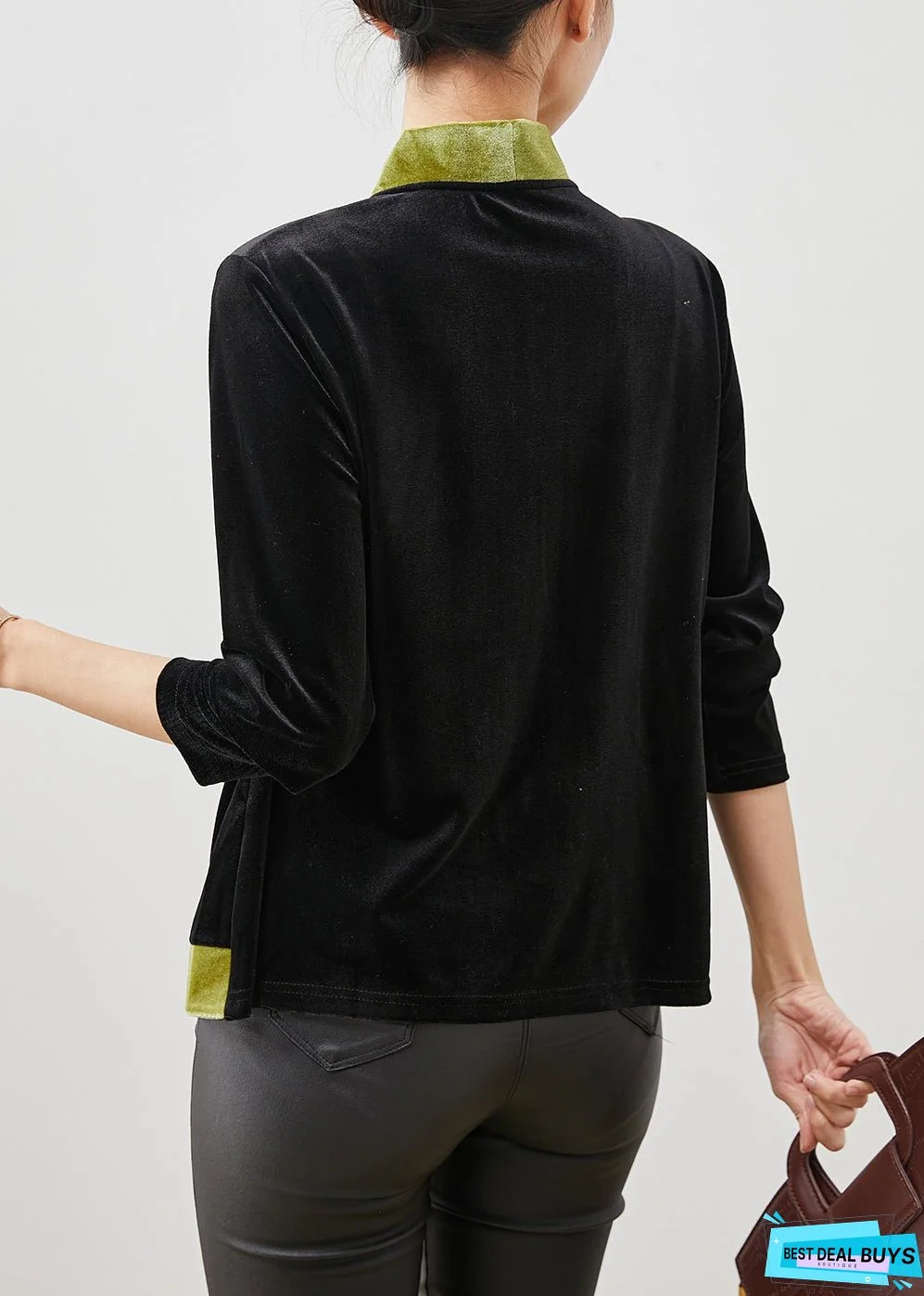 Vintage Green Patchwork Oriental Silk Velour Blouses Spring