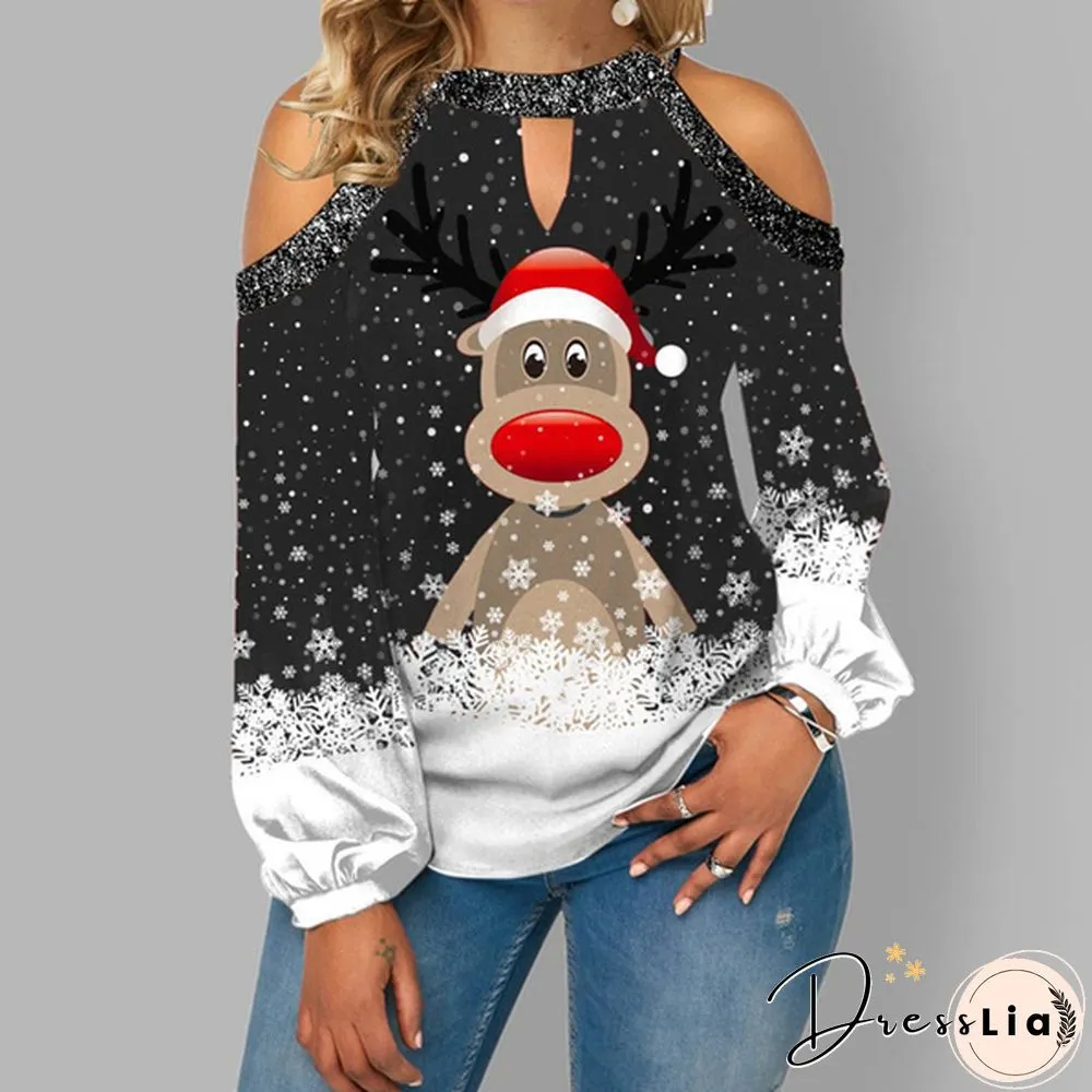 Spring and Early Autumn New Fashion Womens Christmas Printed Long Sleeve V-neck Off