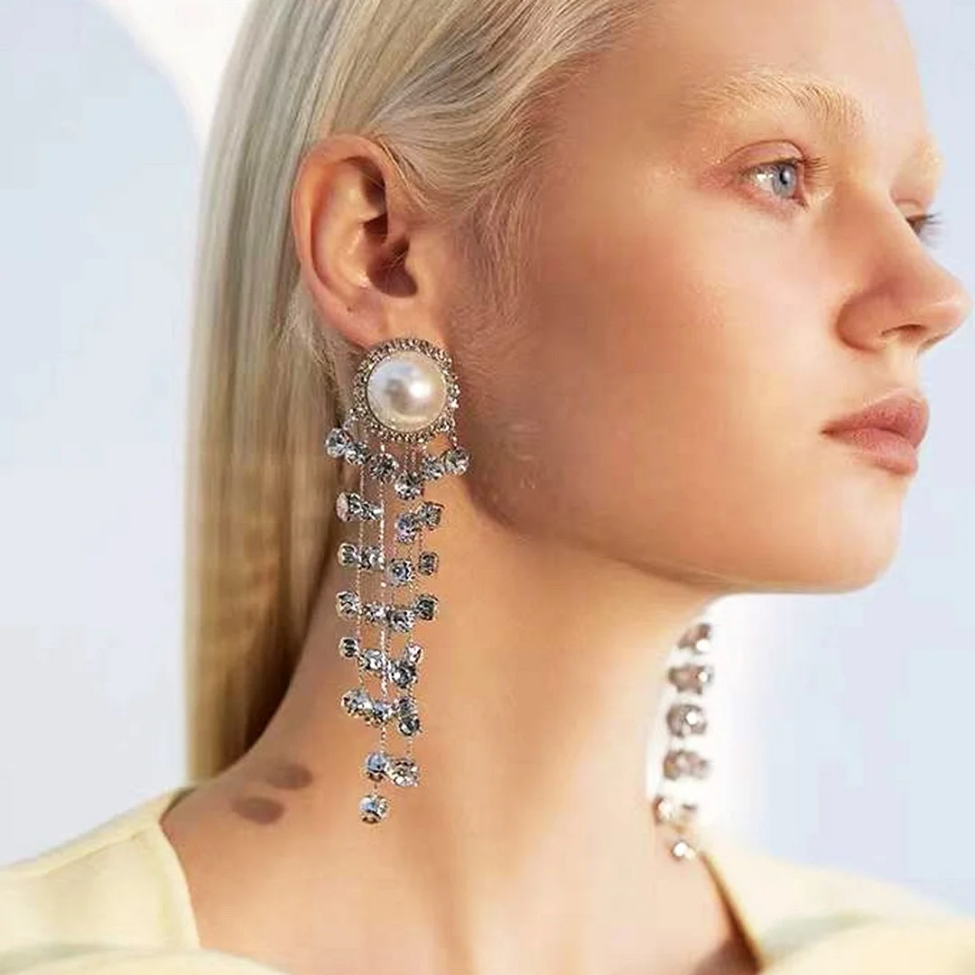 Shiny Rhinestones&Pearl Tassel Dangle Earrings for Women