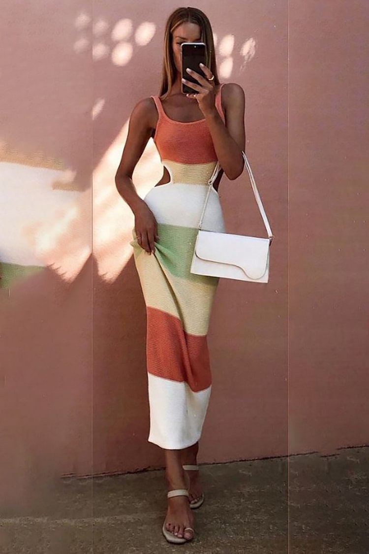 Knit Colorblock Striped Sleeveless Cut Out Tied Up Vacation Maxi Dress