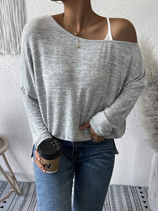 Casual Loose Solid Color One-Shoulder T-Shirts Top