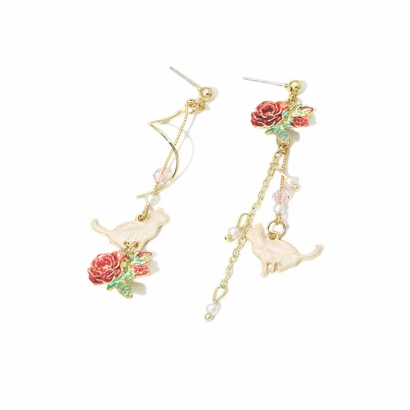 Asymmetrical Cat Blossom 925 Sterling Silver Stud Earrings Ear Clip