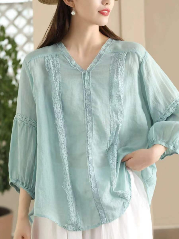 Vintage Spliced Lace Embroidered Ramie Shirt