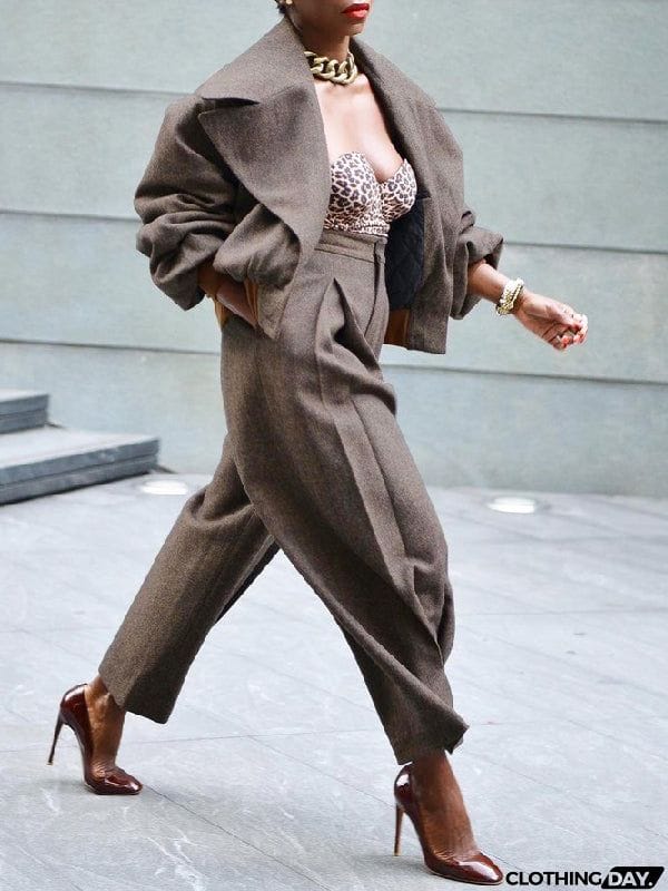 Long Sleeves Pleated Solid Color Notched Collar Outerwear Top + Pants Bottom Two Pieces Set