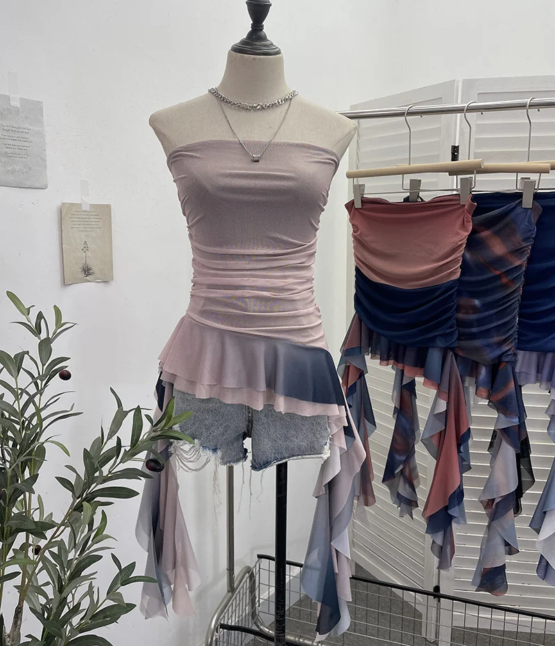 Uveng Irregular Bra Vest Wearing A Gradient Mesh Yarn Leaf Side Ribbon Bottom Sleeveless Top Lady 9931