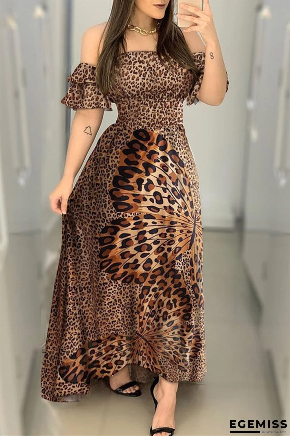Leopard Fashion Sexy Off The Shoulder Short Sleeve Strapless Printed Dress Floor Length Leopard Dresses | EGEMISS