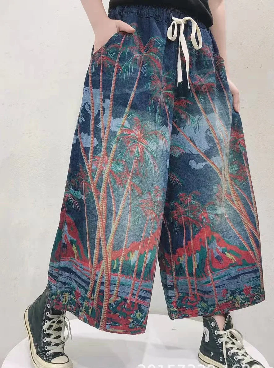 Women's Retro Ethnic Style Nine-point Wide-leg Jeans