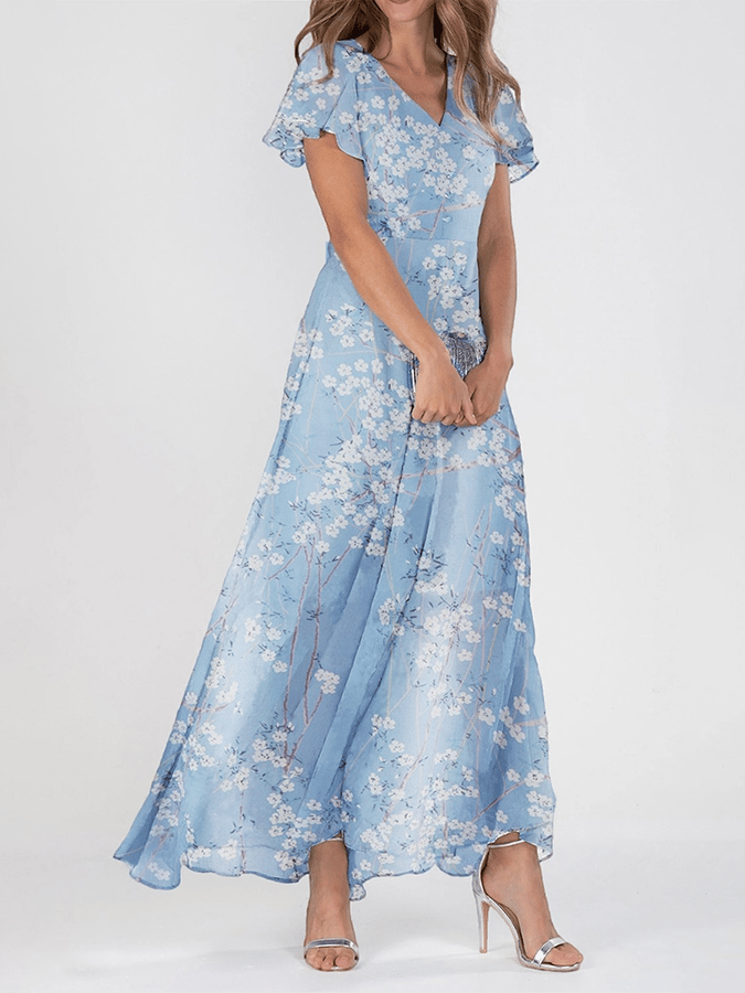 Women's V Neck Short Sleeve Chiffon Floral Dress