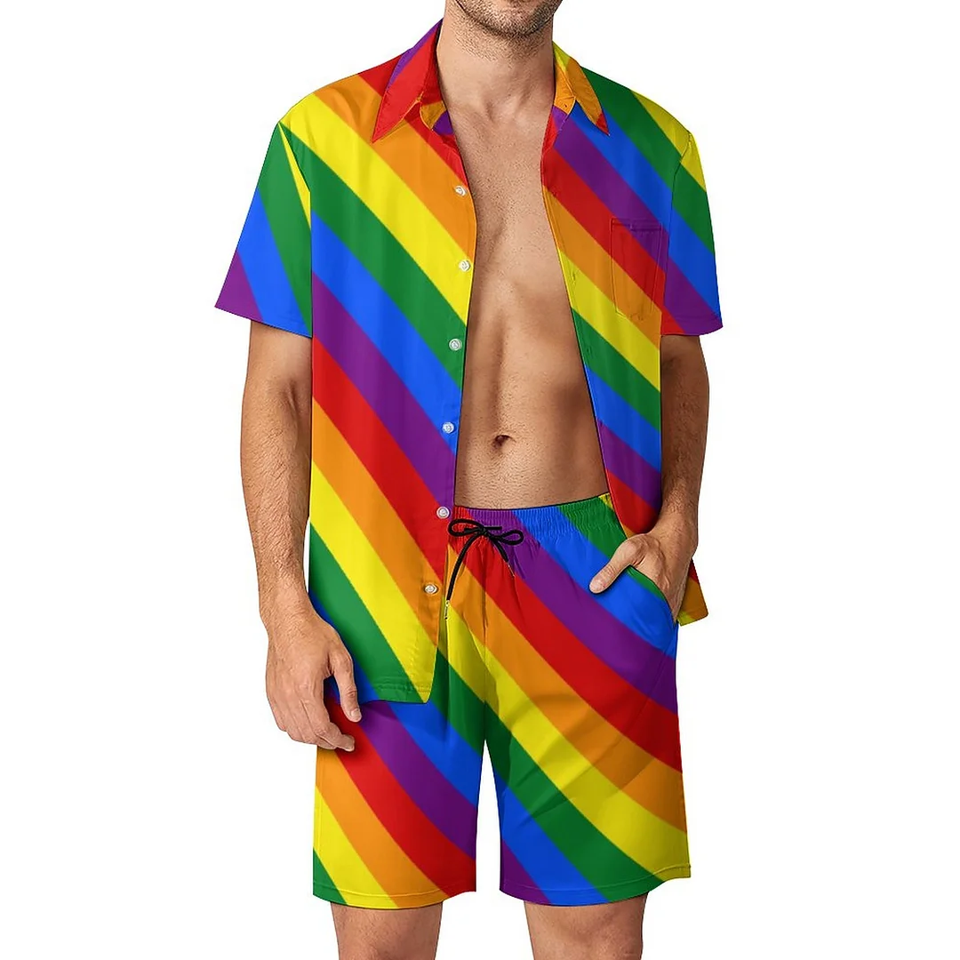 Lgbt Rainbow Gay Pride Flag Men Hawaiian 2 Piece Outfit Vintage Button Down Beach Shirt Shorts Set Tracksuit with Pockets