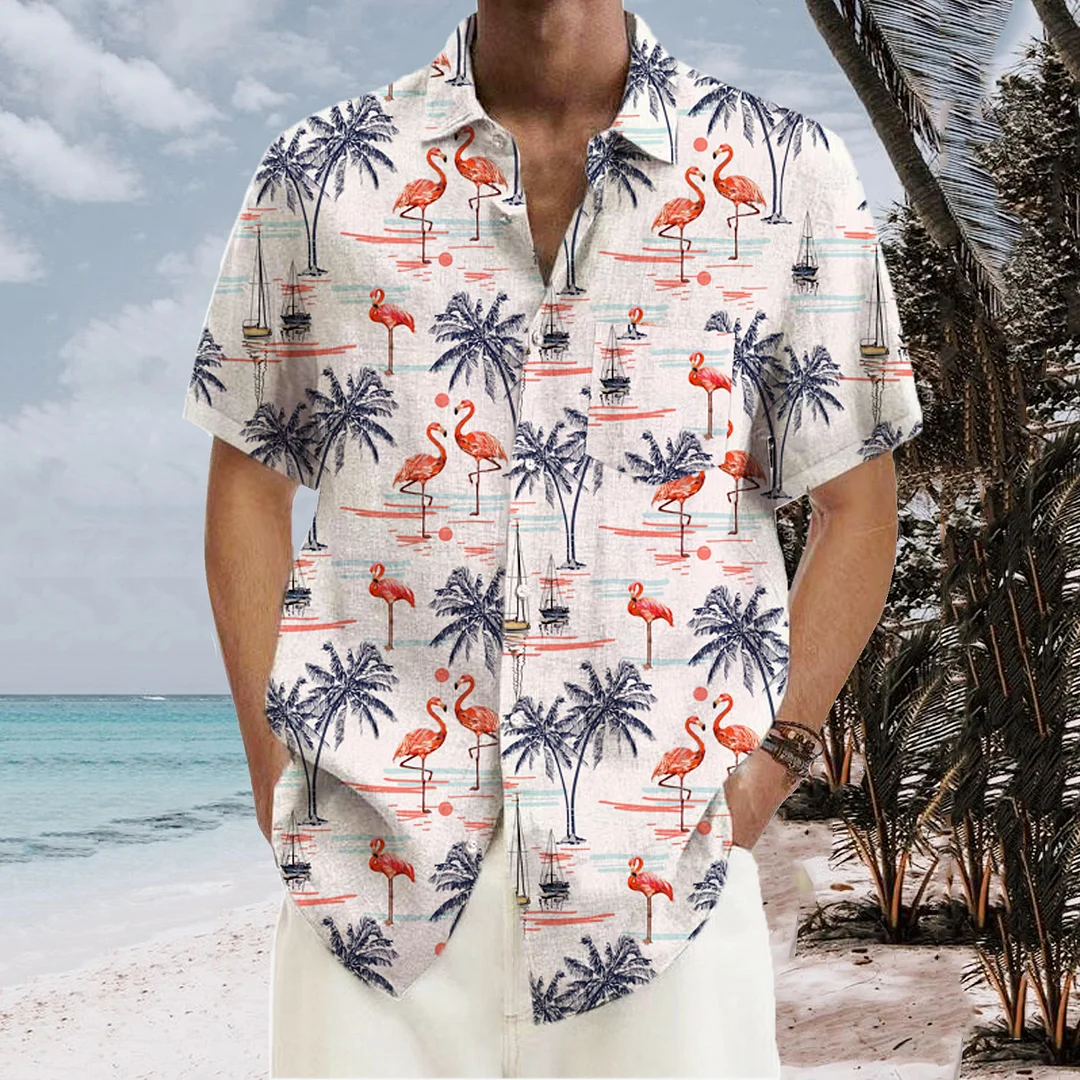 Hawaiian Palm Tree & Flamingo Short Sleeve Shirt