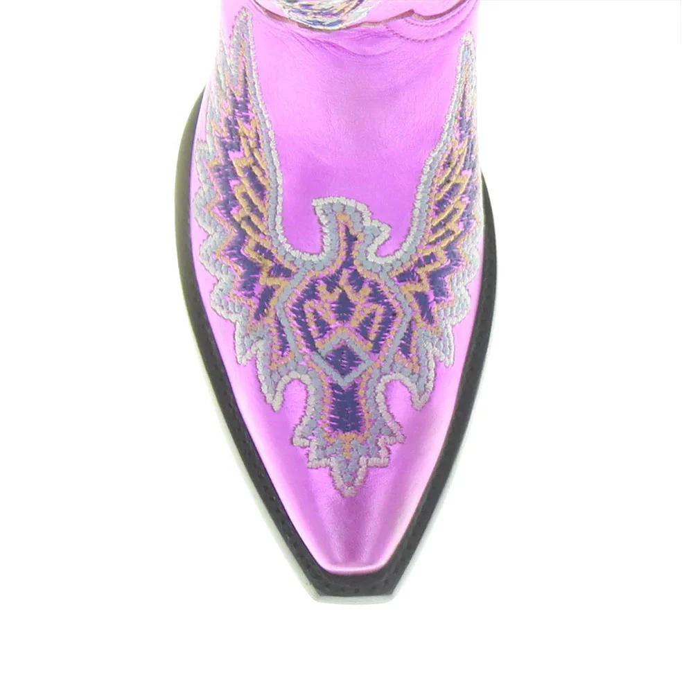 Metallic Purple Block Heel Snip Toe Wing Embroidered Cowboy Boots