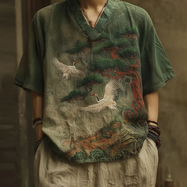 Men's Japanese Cranes & Pine Tree Embroidery Casual V Neck Shirt