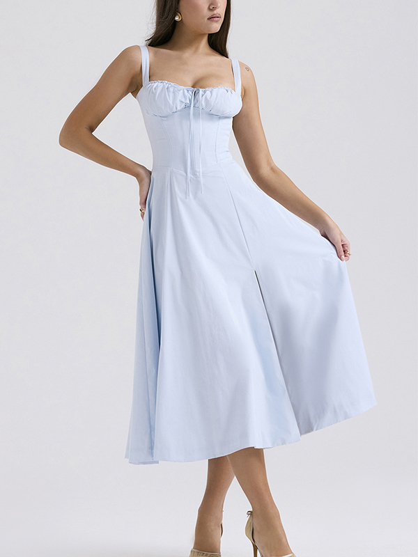 Strap Ruched Detail Square Neck Side Split Midi Dress