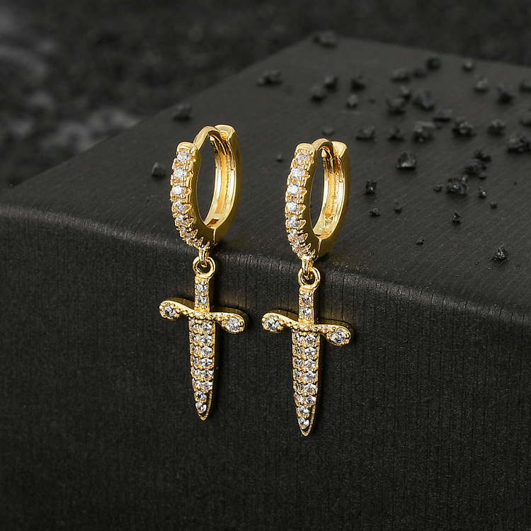 Iced Out Hoop Sword Men Earrings Gold Plated Hip Hop Jewelry