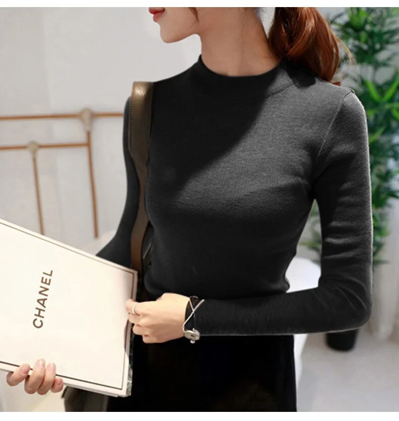 FEKEHA Autumn Winter Women Pullovers Sweater Knitted Elasticity Jumper Slim Half Turtleneck Warm Female White Black Sweaters