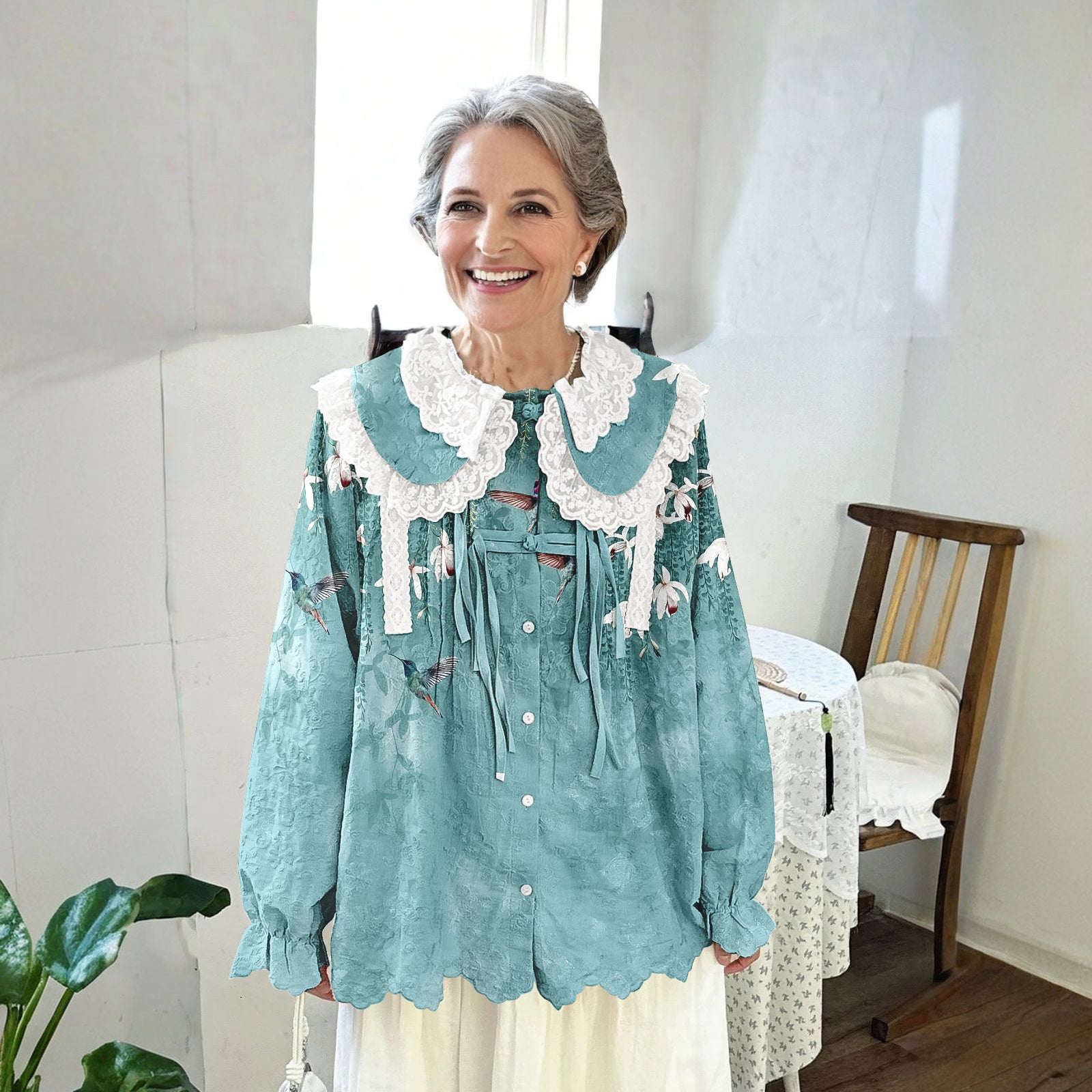 Women Printed Long Sleeve Round-neck  Cute Collar Shirts Blouses Blue