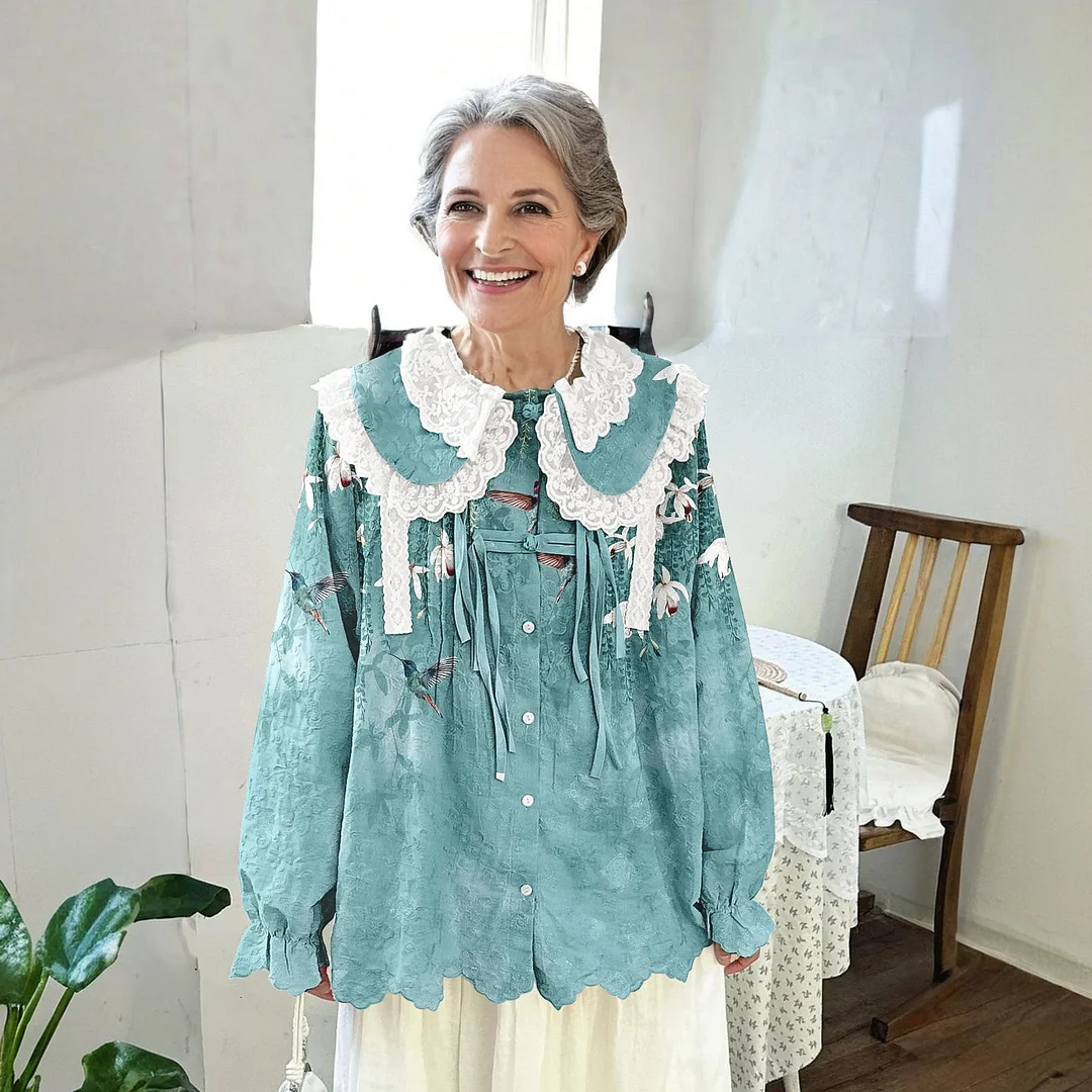 Women Printed Long Sleeve Round-neck  Cute Collar Shirts Blouses Blue