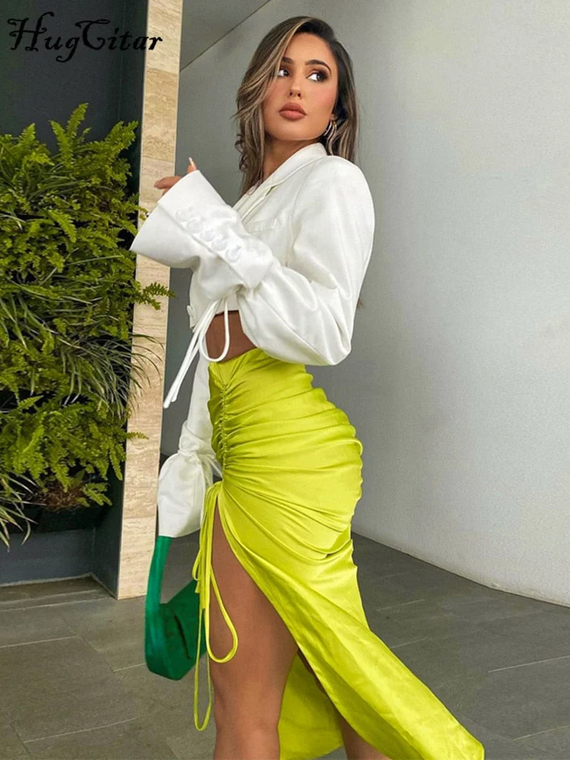 Hugcitar Pure Color High Waist Bandage Drawstrings Irregular Maxi Dress 2021 Summer Fall Winter Women Fashion Elegant Club Y2K
