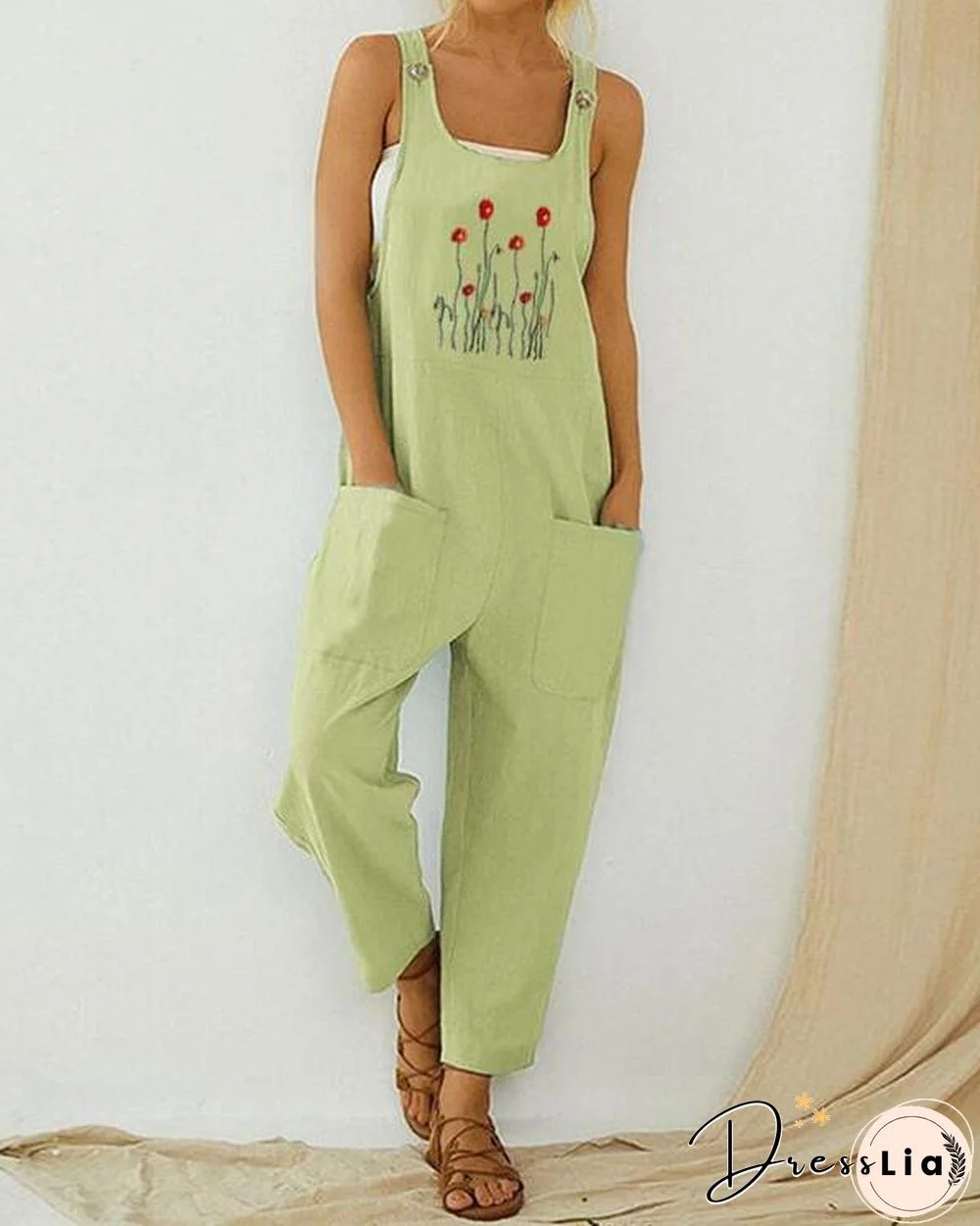 Flower Embroidered Straps Casual Jumpsuit For Women