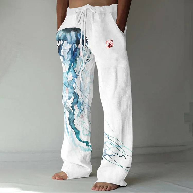 Japanese Art Jellyfish Print Casual Linen Blend Pants